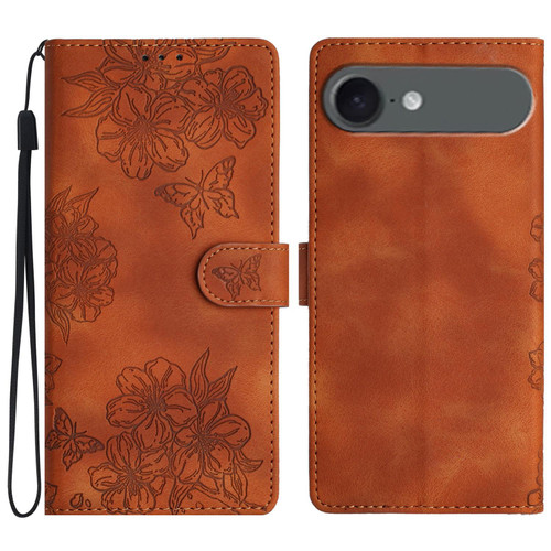 iPhone 17 Air Cherry Blossom Butterfly Skin Feel Embossed PU Phone Case - Brown