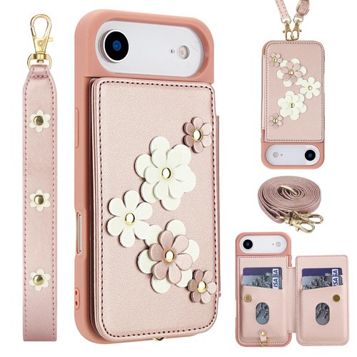 iPhone 17 Air Crossbody Flower Pattern Leather Phone Case - Rose Gold