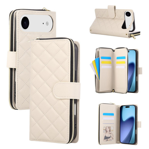 iPhone 17 Air Crossbody Rhombic Zipper Tower Buckle Leather Phone Case with Lanyard - Beige