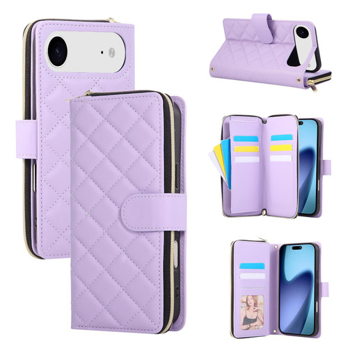 iPhone 17 Air Crossbody Rhombic Zipper Tower Buckle Leather Phone Case with Lanyard - Purple