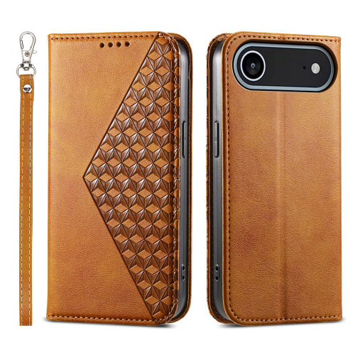 iPhone 17 Air Cubic Grid Calf Texture Magnetic Leather Phone Case - Yellow
