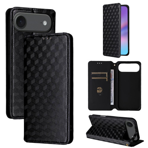 iPhone 17 Air Cubic Grid Texture Flip Leather Phone Case - Black