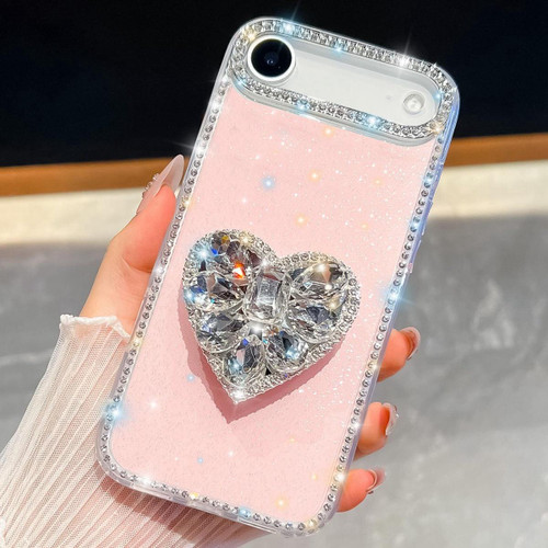 iPhone 17 Air Diamond Glitter Gemstone Heart Holder Phone Case - Light Pink