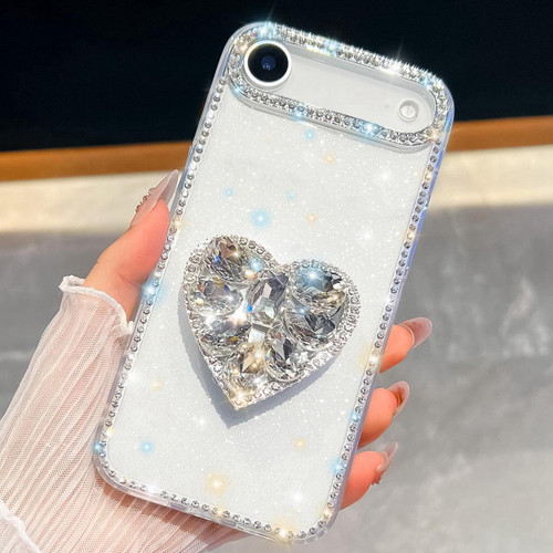 iPhone 17 Air Diamond Glitter Gemstone Heart Holder Phone Case - White