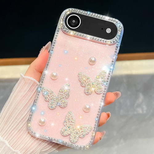 iPhone 17 Air Diamond Glitter Pearl Butterfly Four-Corner Shockproof Phone Case - Light Pink
