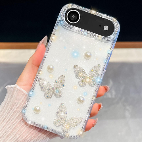 iPhone 17 Air Diamond Glitter Pearl Butterfly Four-Corner Shockproof Phone Case - Transparent