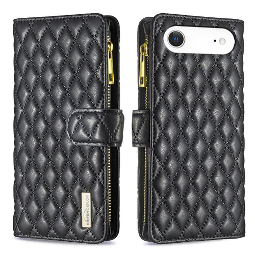 iPhone 17 Air Diamond Lattice Zipper Wallet Leather Flip Phone Case - Black