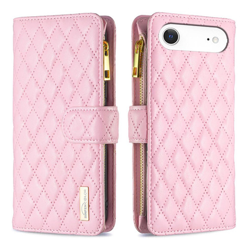 iPhone 17 Air Diamond Lattice Zipper Wallet Leather Flip Phone Case - Pink