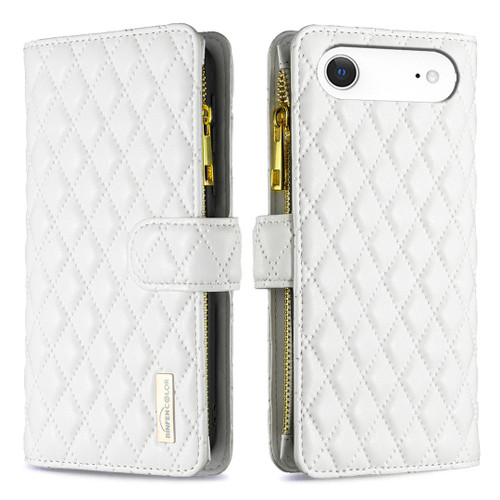 iPhone 17 Air Diamond Lattice Zipper Wallet Leather Flip Phone Case - White