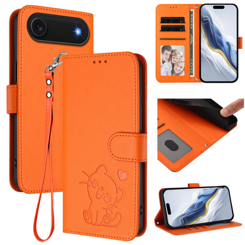 iPhone 17 Air Embossed Heart Cat Leather Phone Case with Hand Strap - Orange