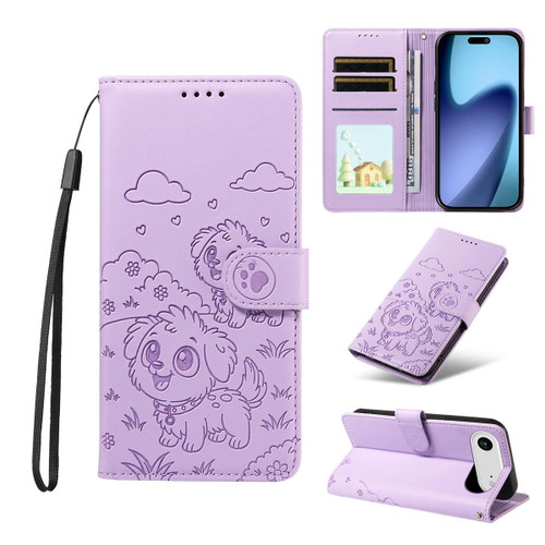iPhone 17 Air Embossed Heart Dog RFID Blocking Wallet Leather Phone Case - Purple
