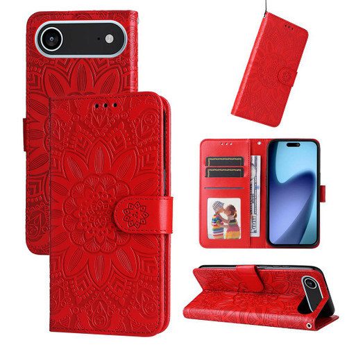 iPhone 17 Air Embossed Sunflower Leather Phone Case - Red