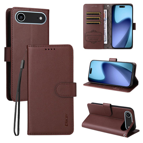 iPhone 17 Air ENKAY RFID Blocking Wallet Kickstand Litchi Texture Leather Phone Case - Brown