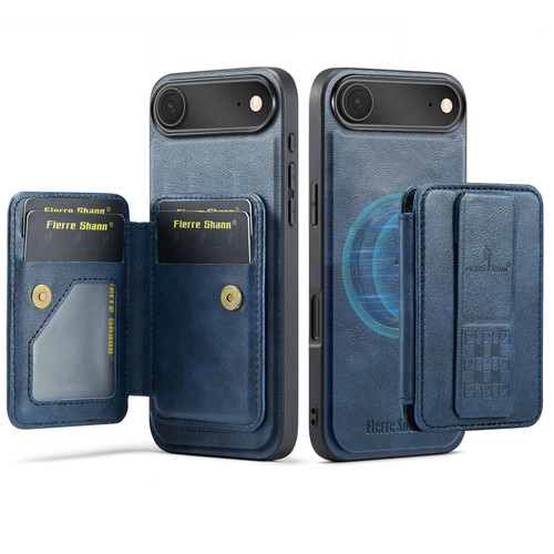 iPhone 17 Air Fierre Shann Oil Wax Cow Leather Card Holder Back Phone Case - Blue