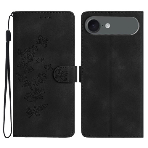 iPhone 17 Air Flower Butterfly Embossing Pattern Leather Phone Case - Black