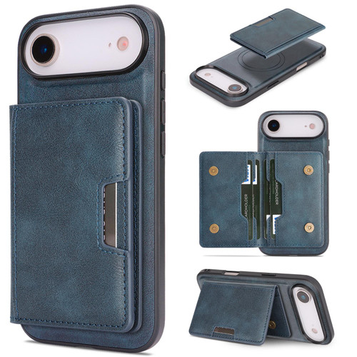 iPhone 17 Air Kalebol Strong MagSafe Magnetic Two-Fold Card Bag Leather Phone Case - Blue