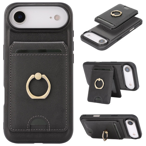 iPhone 17 Air Kalebol Strong MagSafe Ring Magnetic Card Bag Holder Leather Phone Case - Black
