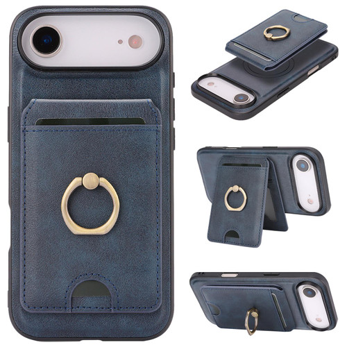 iPhone 17 Air Kalebol Strong MagSafe Ring Magnetic Card Bag Holder Leather Phone Case - Blue