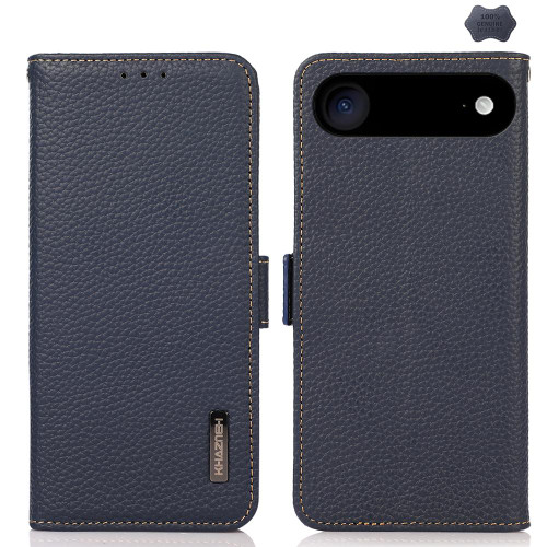 iPhone 17 Air KHAZNEH Side-Magnetic Litchi Genuine Leather RFID Case - Blue