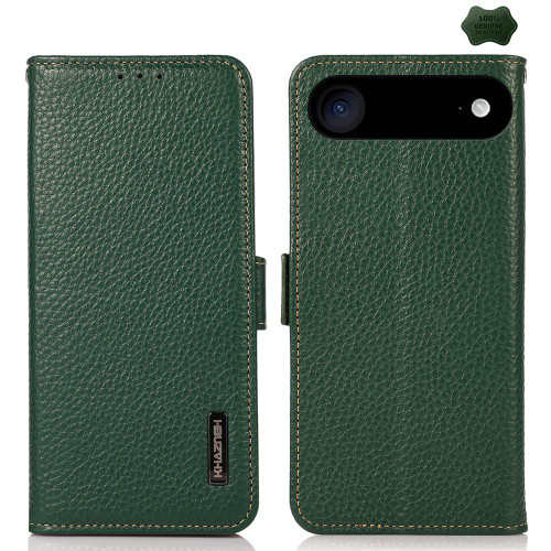 iPhone 17 Air KHAZNEH Side-Magnetic Litchi Genuine Leather RFID Case - Green