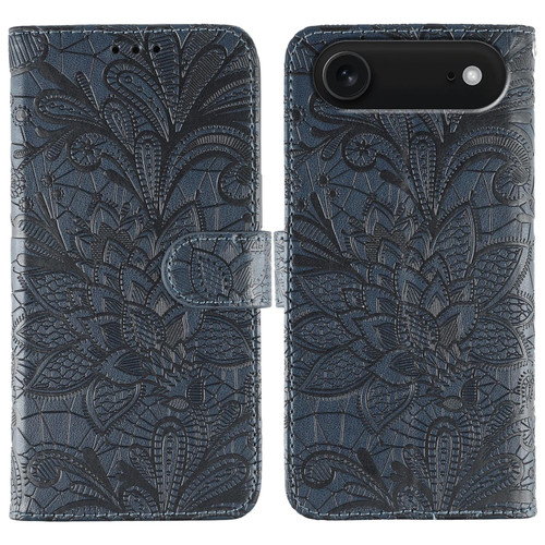 iPhone 17 Air Lace Flower Embossing Flip Leather Phone Case - Dark Blue