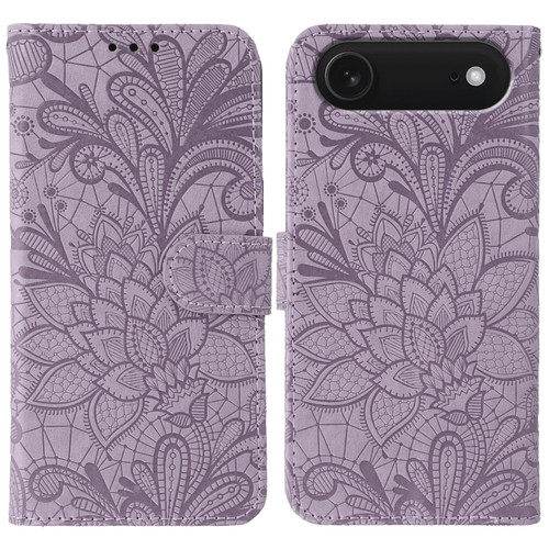 iPhone 17 Air Lace Flower Embossing Flip Leather Phone Case - Purple