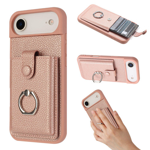iPhone 17 Air Litchi Texture Drawing Card Bag Ring Holder Phone Case - Rose Gold