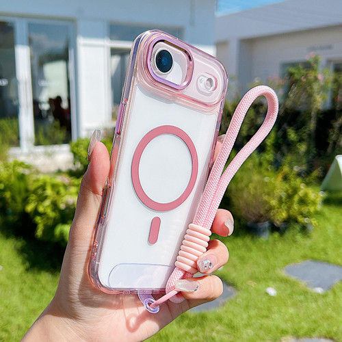 iPhone 17 Air MagSafe Magnetic Clear Phone Case with Wrist Strap - Pink
