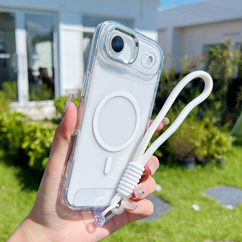 iPhone 17 Air MagSafe Magnetic Clear Phone Case with Wrist Strap - White