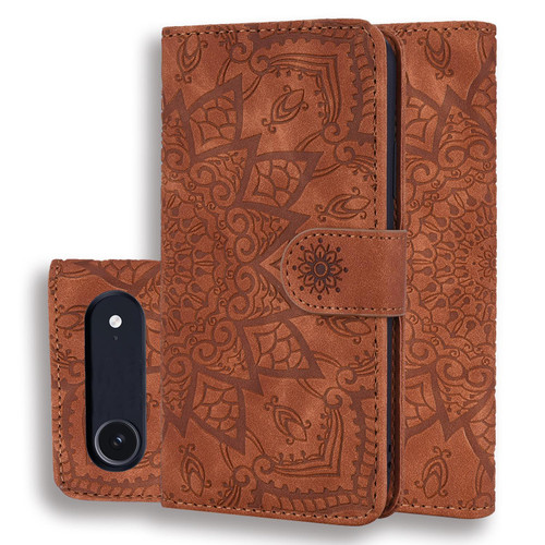 iPhone 17 Air Mandala Embossed Dual-Fold Calf Leather Phone Case - Brown