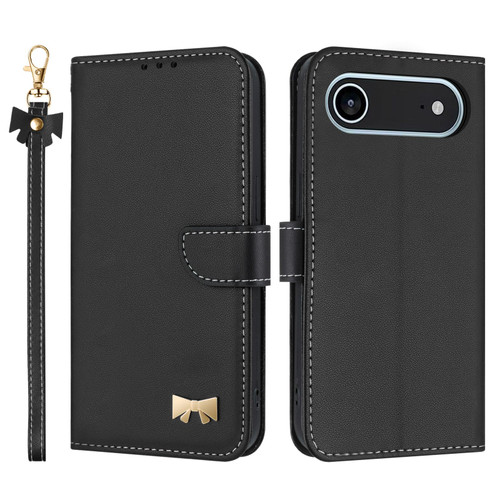iPhone 17 Air Metal Bow Leather Phone Case with Hand Strap - Black
