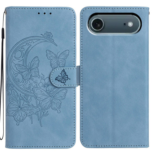 iPhone 17 Air Moonlit Butterfly Dance Pattern Embossed Leather Phone Case - Blue