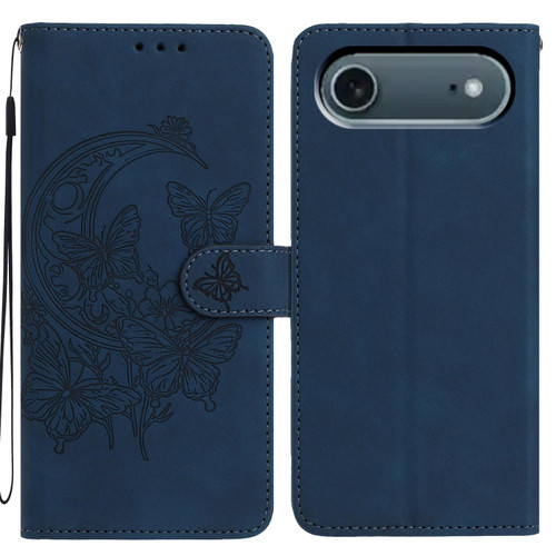 iPhone 17 Air Moonlit Butterfly Dance Pattern Embossed Leather Phone Case - Navy Blue