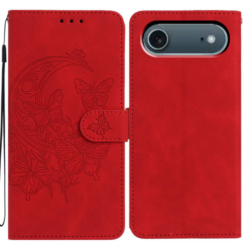 iPhone 17 Air Moonlit Butterfly Dance Pattern Embossed Leather Phone Case - Red