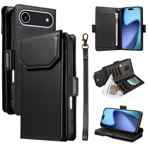 iPhone 17 Air Multi Card Wallet Leather Phone Case with Strap - Black