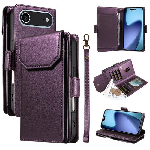 iPhone 17 Air Multi Card Wallet Leather Phone Case with Strap - Purple