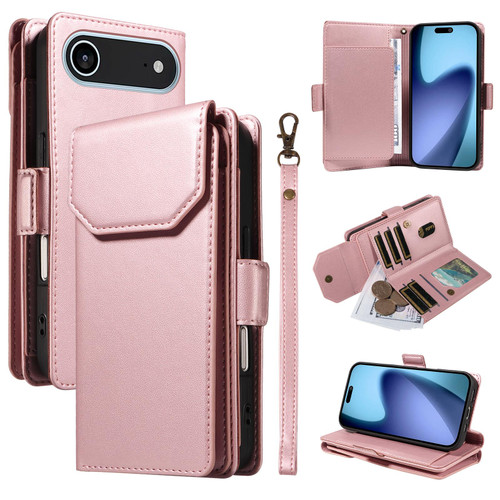 iPhone 17 Air Multi Card Wallet Leather Phone Case with Strap - Rose Gold