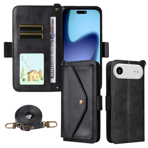 iPhone 17 Air Multi-card Slots Crossbody Cowhide Leather Phone Case - Black