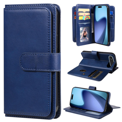 iPhone 17 Air Multi-Function Wallet 10 Card Slots Leather Phone Case - Dark Blue