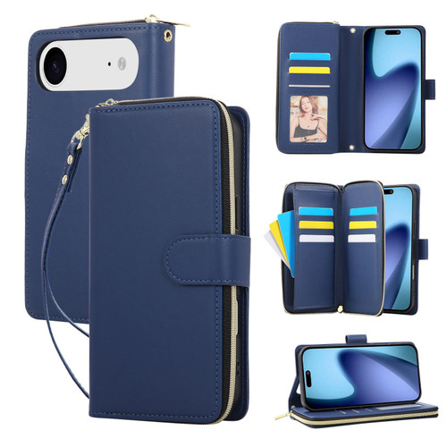 iPhone 17 Air Nine-card Slots Zipper Wallet Bag Leather Phone Case - Blue