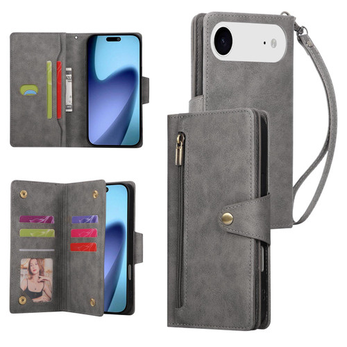 iPhone 17 Air Rivet Buckle 9 Cards Three Fold Leather Phone Case - Grey