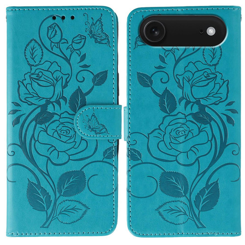 iPhone 17 Air Rose Butterfly Embossed Leather Phone Case - Blue
