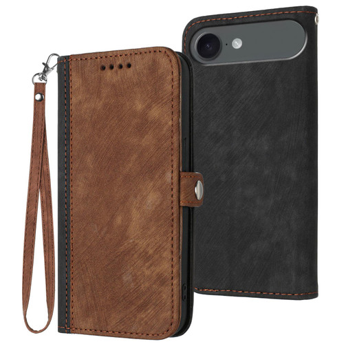 iPhone 17 Air Side Buckle Double Fold Hand Strap Leather Phone Case - Brown