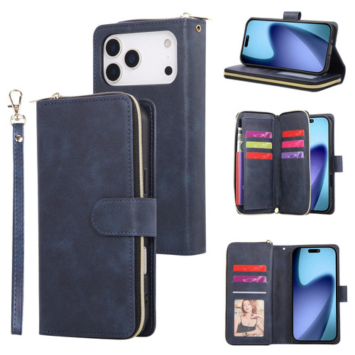 iPhone 17 Pro 9 Card Slots Zipper Wallet Bag Leather Phone Case - Blue