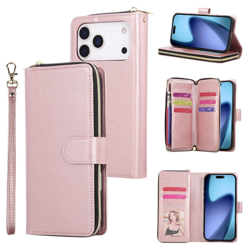 iPhone 17 Pro 9 Card Slots Zipper Wallet Bag Leather Phone Case - Rose Gold