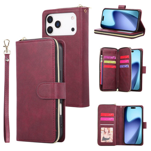 iPhone 17 Pro 9 Card Slots Zipper Wallet Bag Leather Phone Case - Wine Red