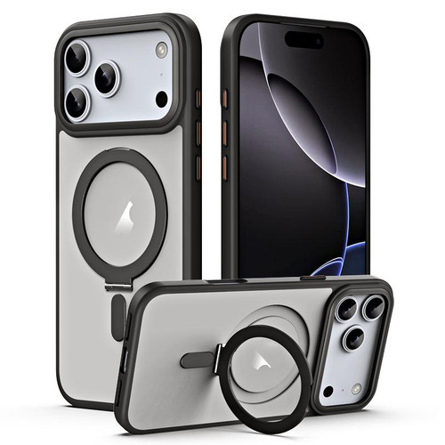 iPhone 17 Pro Airbag MagSafe Shockproof Frosted Phone Case with Fold Holder - Black