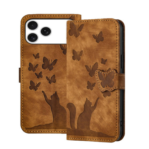 iPhone 17 Pro Butterfly Cat Embossing Flip Leather Phone Case - Brown