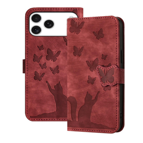iPhone 17 Pro Butterfly Cat Embossing Flip Leather Phone Case - Red