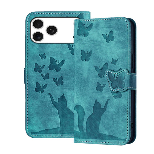 iPhone 17 Pro Butterfly Cat Embossing Flip Leather Phone Case - Wathet